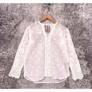 Johnny Was Top XS Womens Winter Bunny Blouse White Eyelet Lace Embroidered